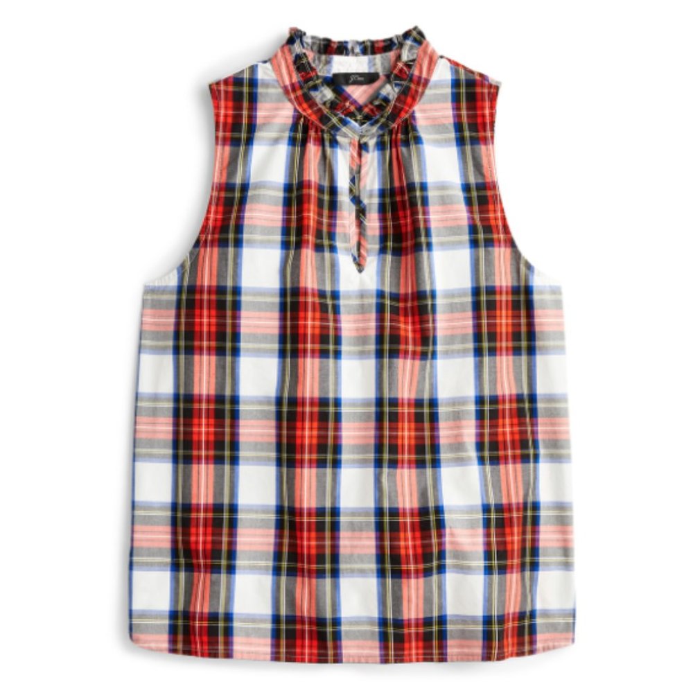 J Crew Ruffle Neck Cotton Plaid Top
